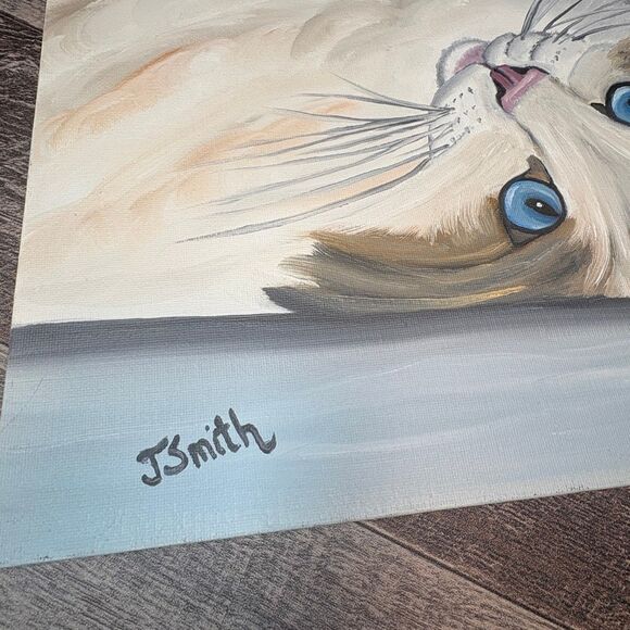 Hand-Painted Cat Portrait on Canvas — Blue-Eyed Ragdoll Style — Signed “J. Smith - Picture 4 of 5